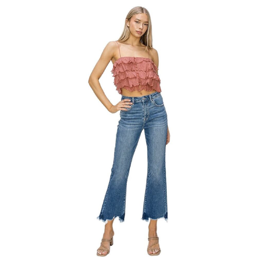 Risen Crop Flare Non Distressed Jeans With Detailed Hem